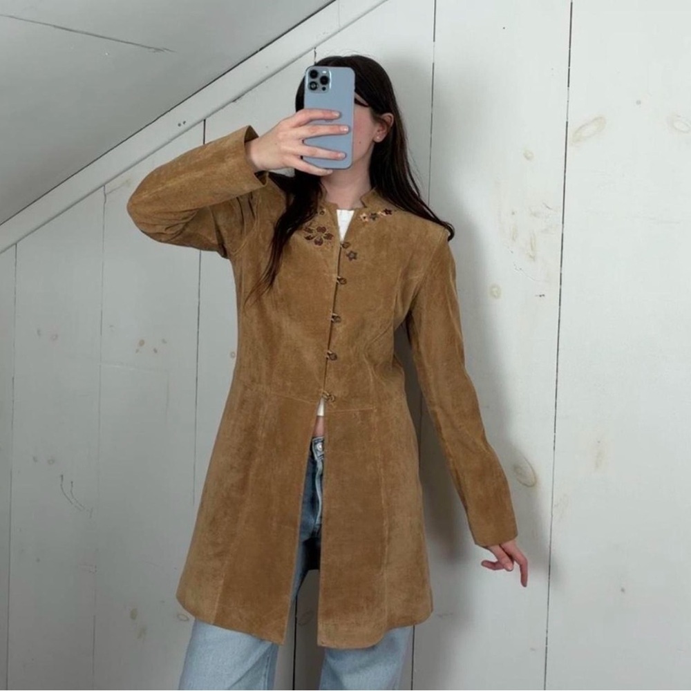 Margaret Godfrey Tan Suede Leather Coat Women’s 6 Embroidered Florals Mid Length - Picture 12 of 12